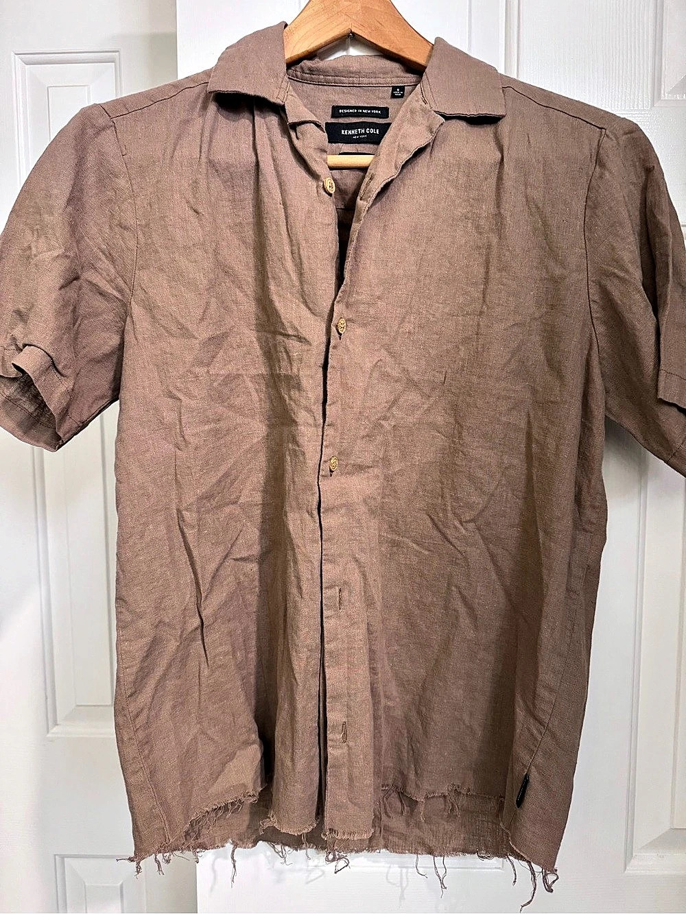 Kenneth Cole Slim Fit Linen Blend Short Sleeve Button-Down Shirt, Brown, Small